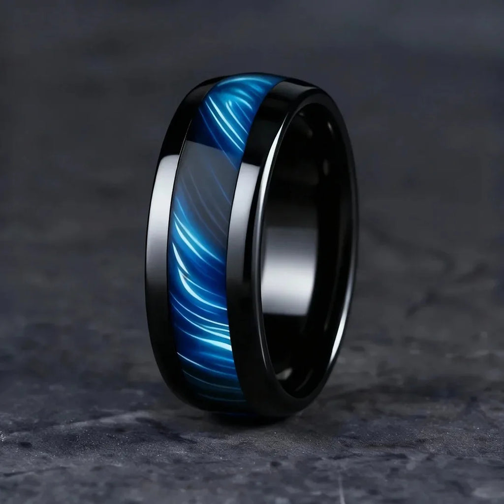 Blue Abalone Shell Inlay Rings for Men, Fashion 8mm Black Brushed Men Stainless Steel Rings, Wedding Band Jewelry Gift