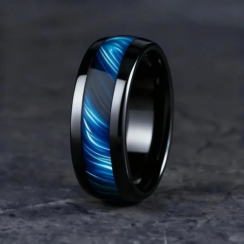 Blue Abalone Shell Inlay Rings for Men, Fashion 8mm Black Brushed Men Stainless Steel Rings, Wedding Band Jewelry Gift