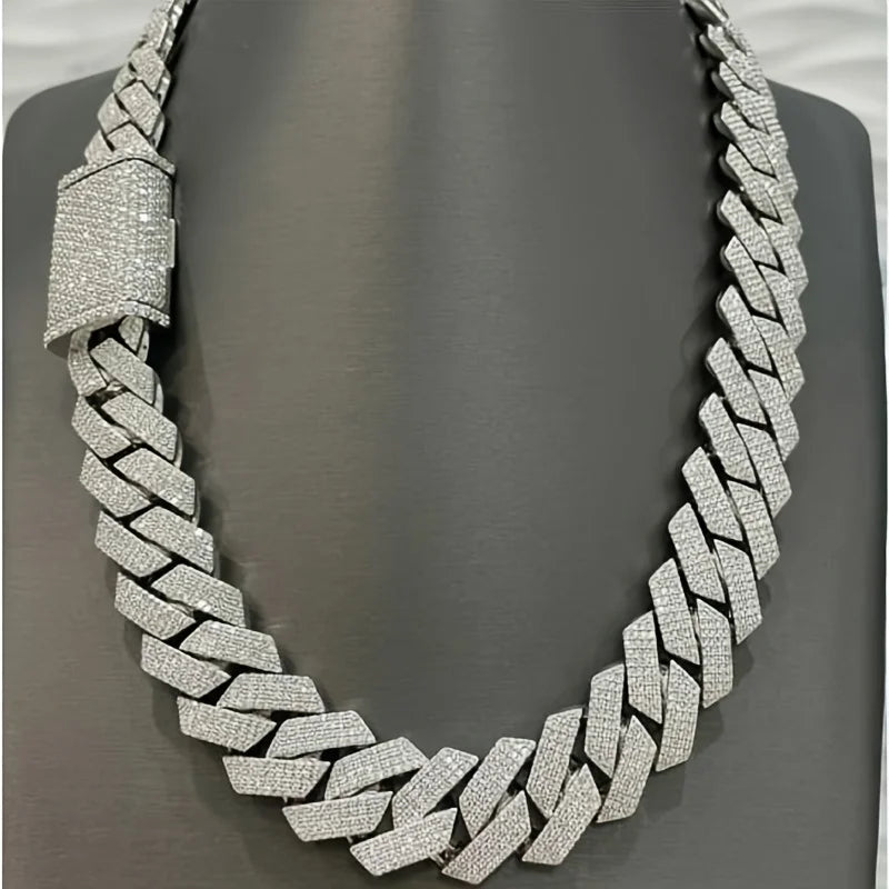 925 Sterling 925 Silvery Set with Moissanite Chilled Hip Hop 14mm Wide 2 Rows Miami Cuban Chain Cuban Chain Necklace Is Suitable