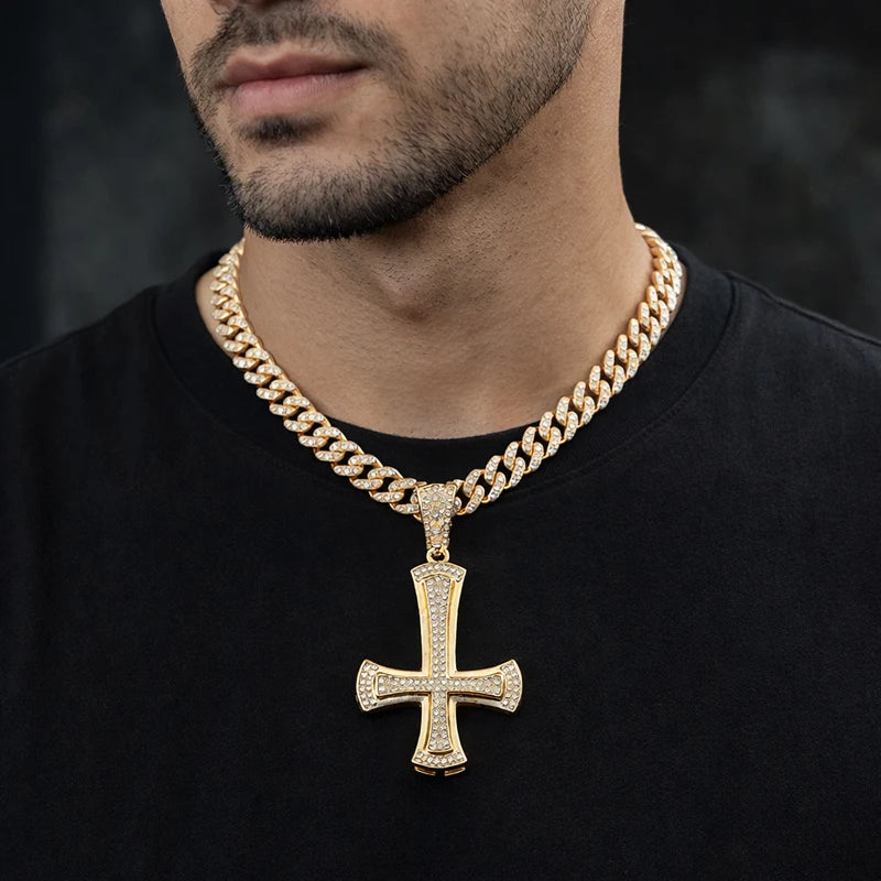 Iced Out Inverted Cross Pendant Necklace 11mm Miami Chain