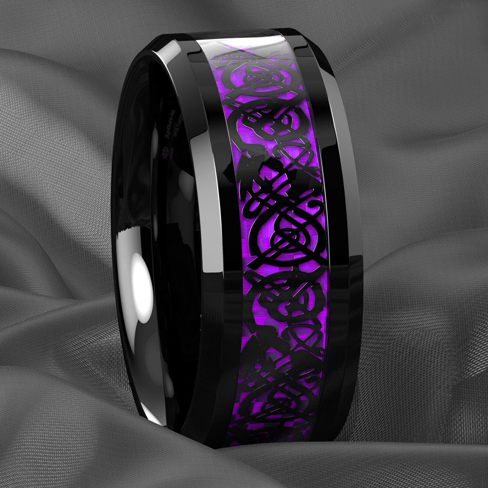 Fashion 8mm Stainless Steel Celtic Dragon Rings For Men Inlay Purple Carbon Fiber Rings Wedding Band Jewelry Birthday Gifts