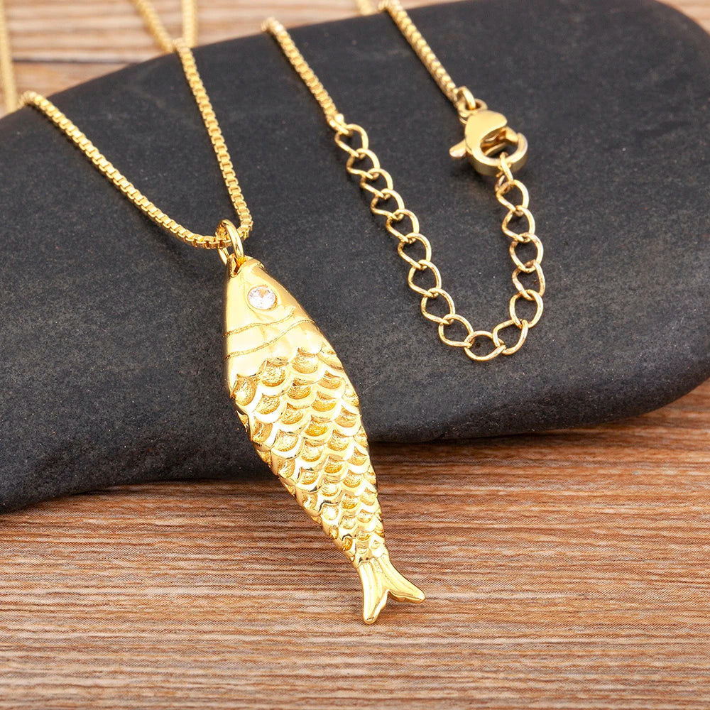 Nidin New Popular Fish Shape Shiny Zircon Charm Pendant Necklace For Women Men Fashion Cute Chain Link Jewelry Daily
