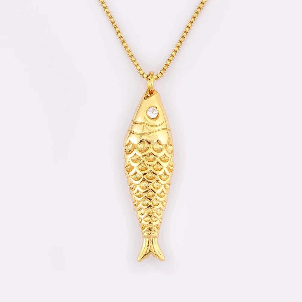 Nidin New Popular Fish Shape Shiny Zircon Charm Pendant Necklace For Women Men Fashion Cute Chain Link Jewelry Daily