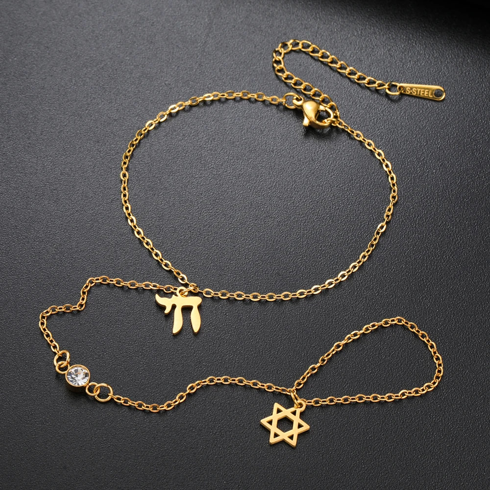 Chai Hexagram Charms Bracelet Finger Ring Fatima Hamasa Hand Pendants Stainless Steel Adjustable Chain Lucky Jewelry Amulet Gift