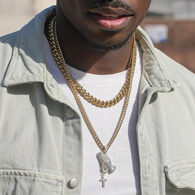 Iced Out Praying Hands Cross Pendant — Gold