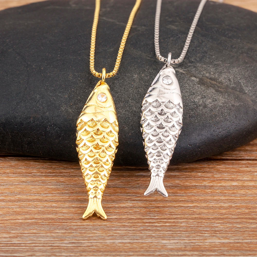 Nidin New Popular Fish Shape Shiny Zircon Charm Pendant Necklace For Women Men Fashion Cute Chain Link Jewelry Daily