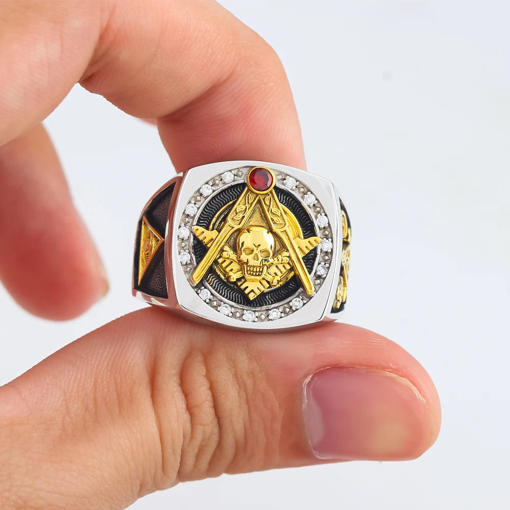 Masonic Skull And Bones Biker Freemason Sun Moon Illuminati Sterling Silver Ring