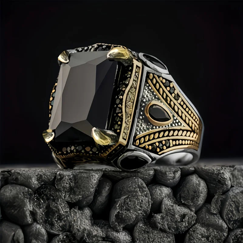 Turkish Eagle Signet Ring, Black Zircon — Zinc Alloy