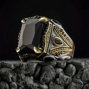 Turkish Eagle Signet Ring, Black Zircon — Zinc Alloy