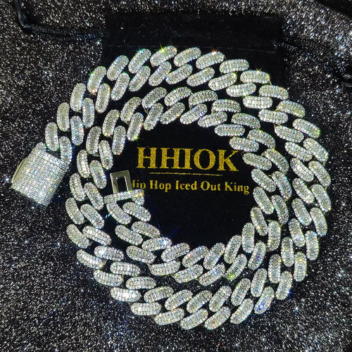15mm Iced Out Cuban Link Chain 5A+ Baguette Cubic Zirconia Silver/Gold Plated Bling CZ Necklace Hip Hop Rapper Luxury