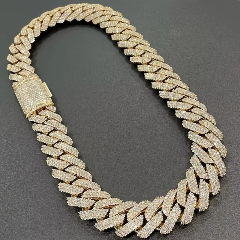925 Sterling 925 Silvery Set with Moissanite Chilled Hip Hop 14mm Wide 2 Rows Miami Cuban Chain Cuban Chain Necklace Is Suitable