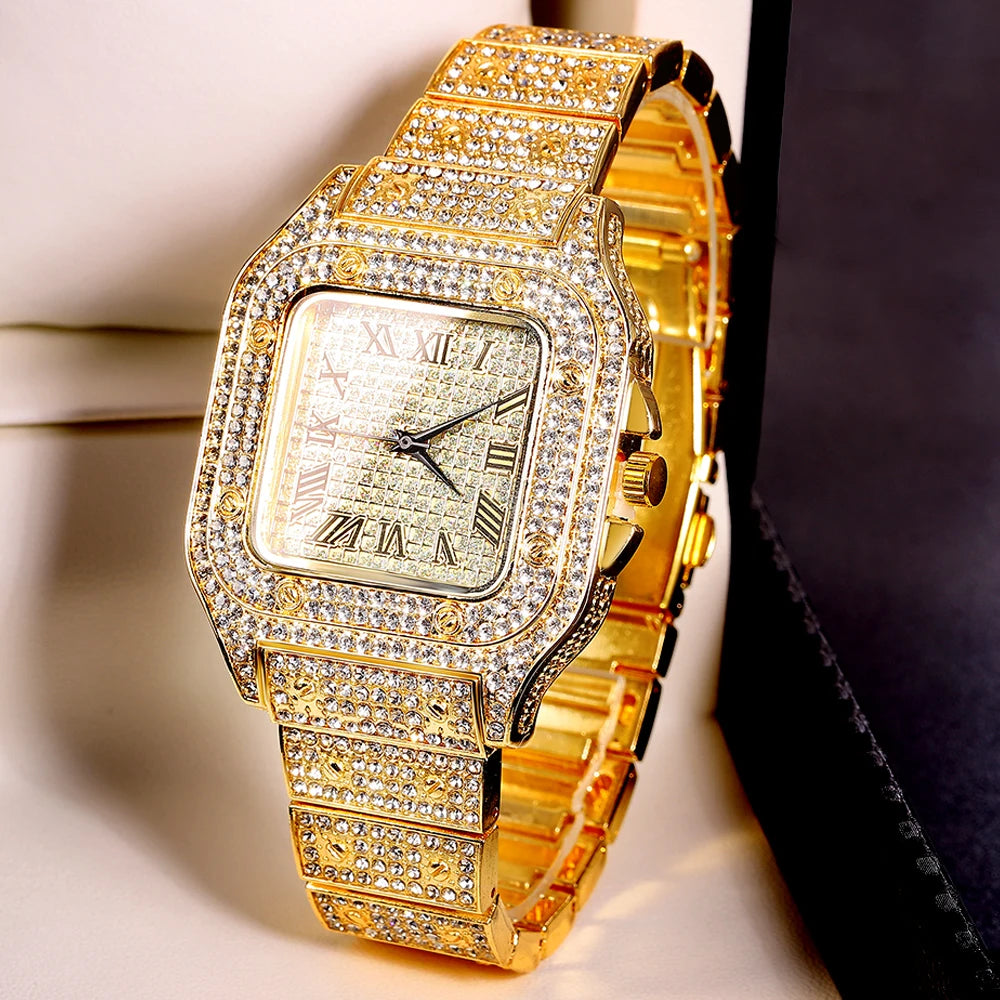 Gold Color Cuban Chain Watch for Men,Hip Hop Miami Curb,Iced Out Paved Rhinestones,Bling Rapper Necklace