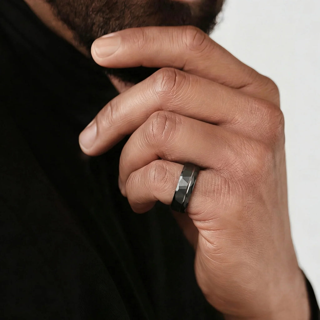 Black Tungsten Ring 8mm Men’s Wedding Band, Custom Free Engraving, Comfort Fit Gift, Beveled Edge Band for Wedding