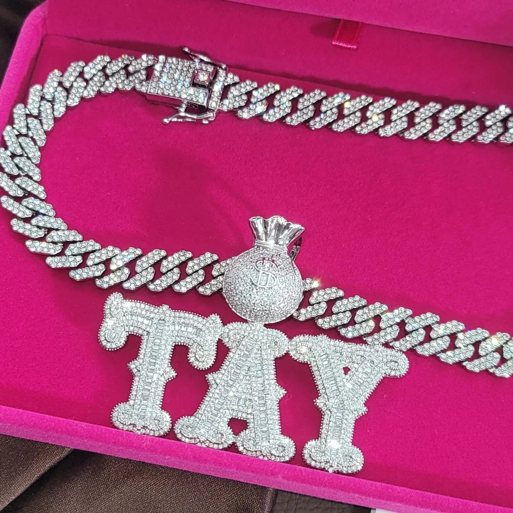 Custom Fashion Jewelry Money Bag Bail Letter&Numbers Pendant Necklace Hip Hop Miami Cuban Chain Birthday Gifts For Men Women