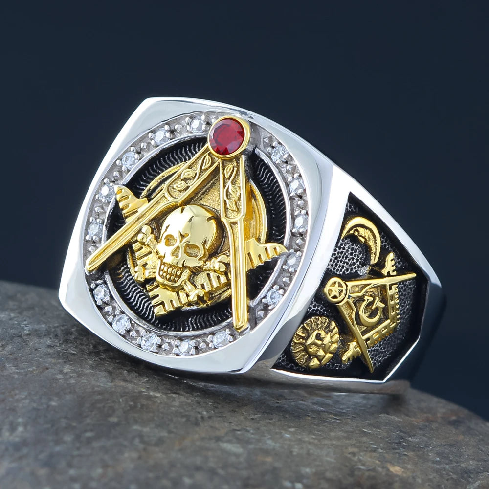 Masonic Skull And Bones Biker Freemason Sun Moon Illuminati Sterling Silver Ring