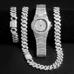 Gold Color Cuban Chain Watch for Men,Hip Hop Miami Curb,Iced Out Paved Rhinestones,Bling Rapper Necklace