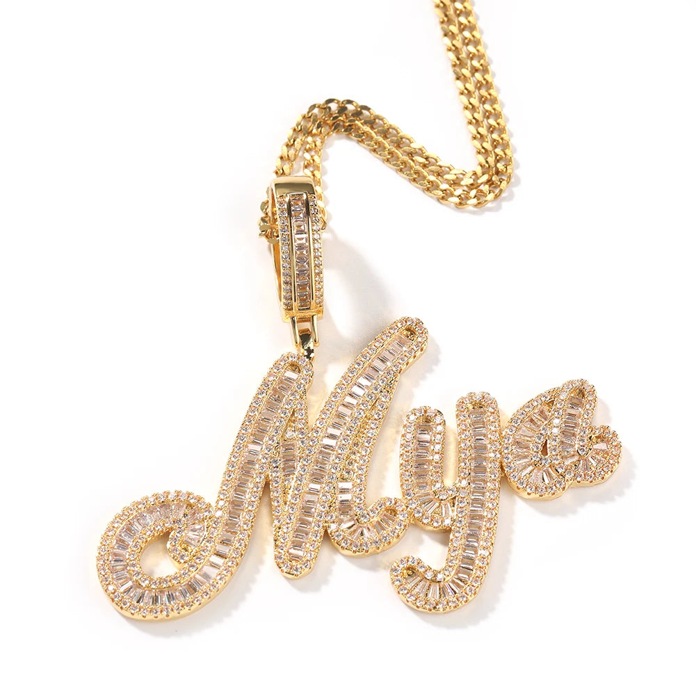 THE BLING KING Custom Brush Cursive Letter Name Pendant Necklace Iced Out Bageutte Cubic Zirconia Chain Necklace Hiphop