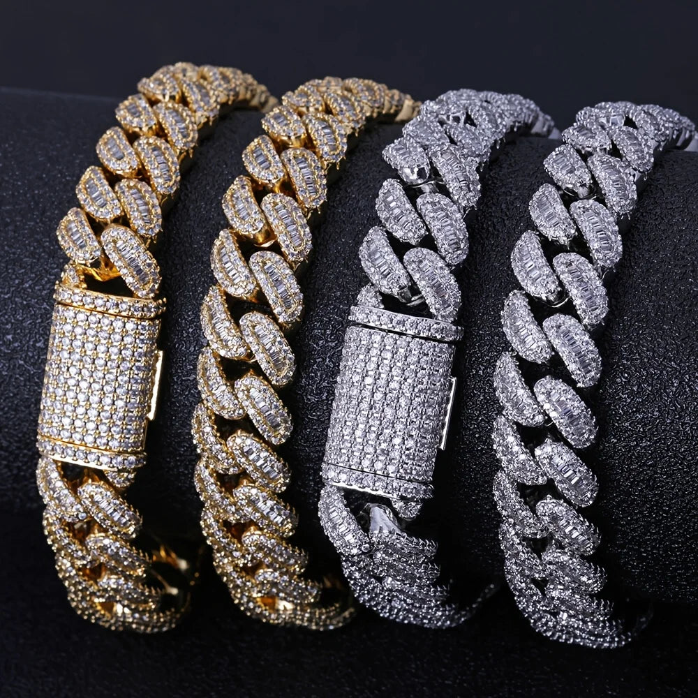 Men's 925 Sterling Silvery Cuban Chain Necklace - 12mm Thick Heavyweight Miami Chain with Moissanite Stones, Perfect for Hip-Hop