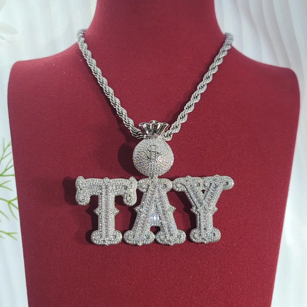 Custom Fashion Jewelry Money Bag Bail Letter&Numbers Pendant Necklace Hip Hop Miami Cuban Chain Birthday Gifts For Men Women