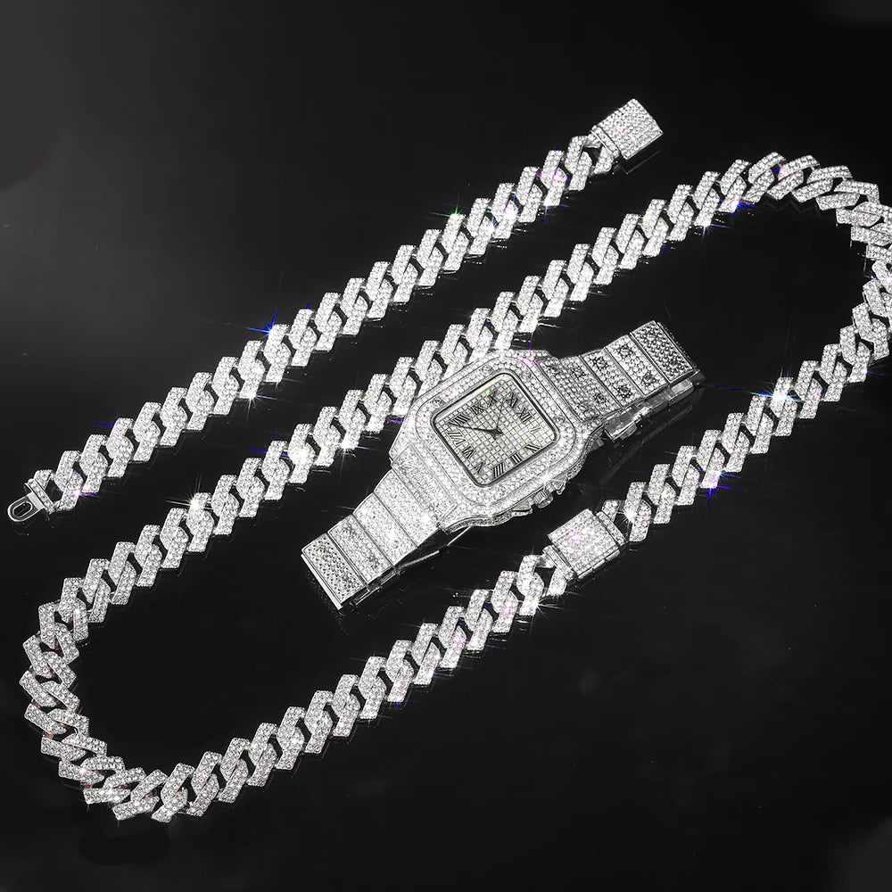 Gold Color Cuban Chain Watch for Men,Hip Hop Miami Curb,Iced Out Paved Rhinestones,Bling Rapper Necklace