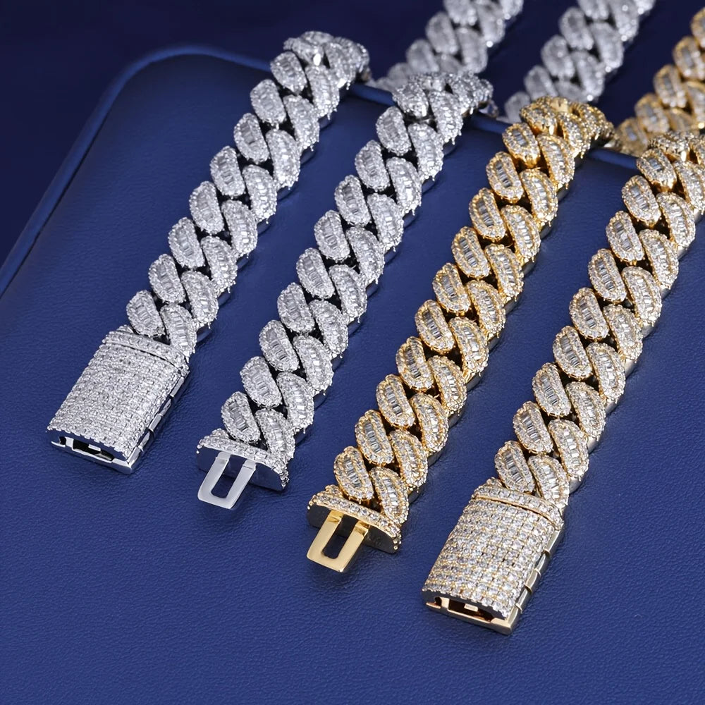 Men's 925 Sterling Silvery Cuban Chain Necklace - 12mm Thick Heavyweight Miami Chain with Moissanite Stones, Perfect for Hip-Hop