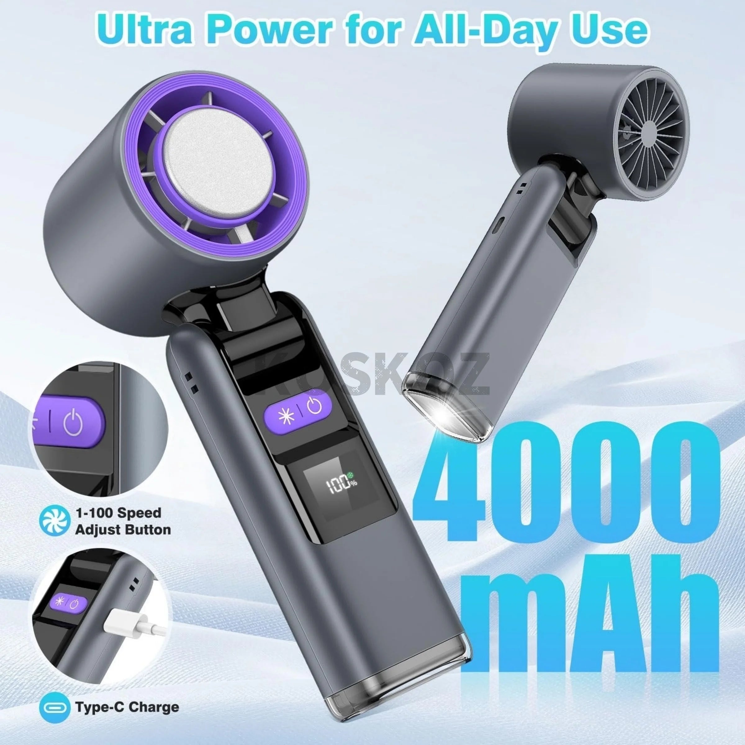 Portable Handheld Turbo Fan - 5 Gear High Speed 4000mAh Rechargeable Mini Personal Hand Fan with Flashlight and