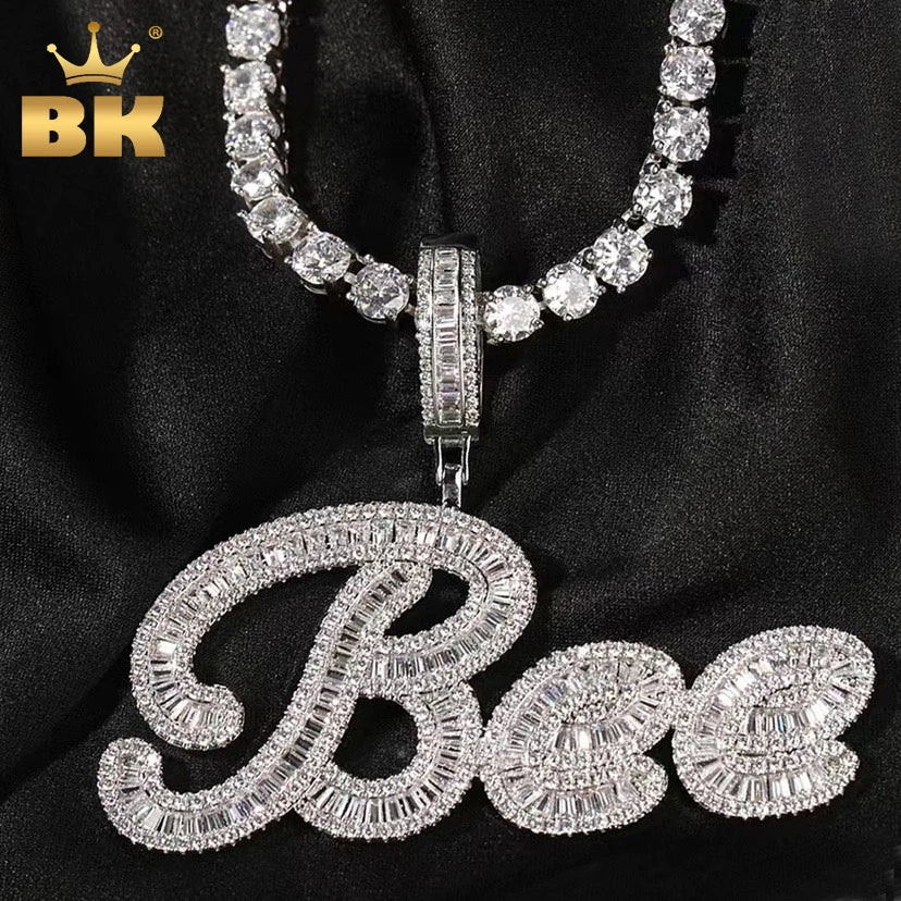 THE BLING KING Custom Brush Cursive Letter Name Pendant Necklace Iced Out Bageutte Cubic Zirconia Chain Necklace Hiphop