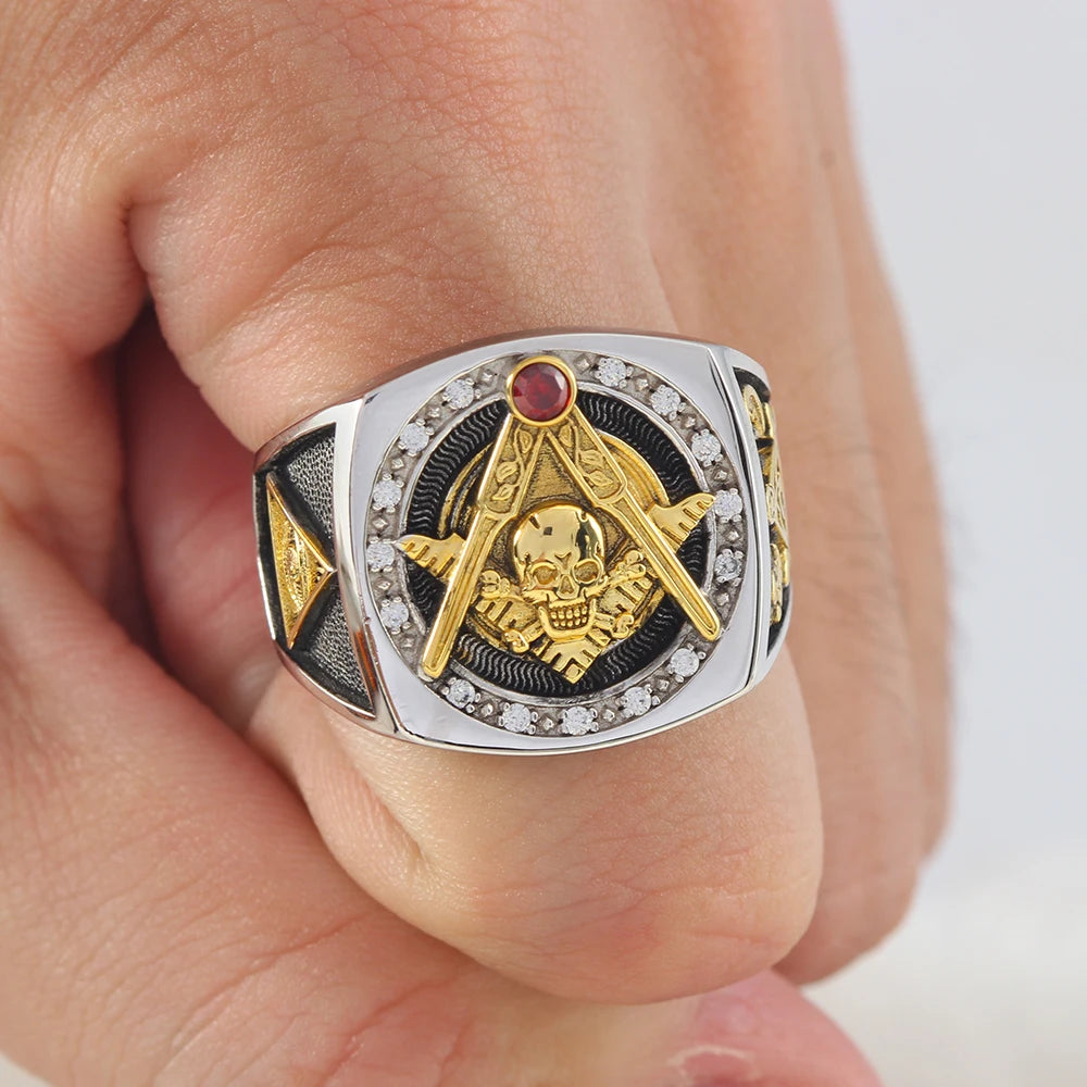 Masonic Skull And Bones Biker Freemason Sun Moon Illuminati Sterling Silver Ring