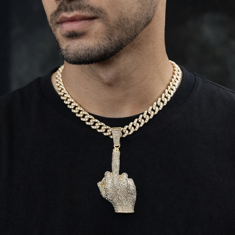 Hip Hop Big Polite Gesture Middle Finger Pendant Necklace with 11mm Crystal Cuban Chain HipHop Iced Out Necklaces Men