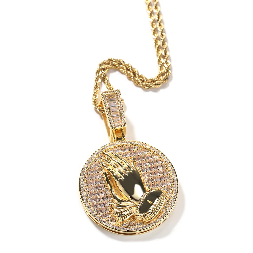 Iced Out Praying Hands Medallion Pendant