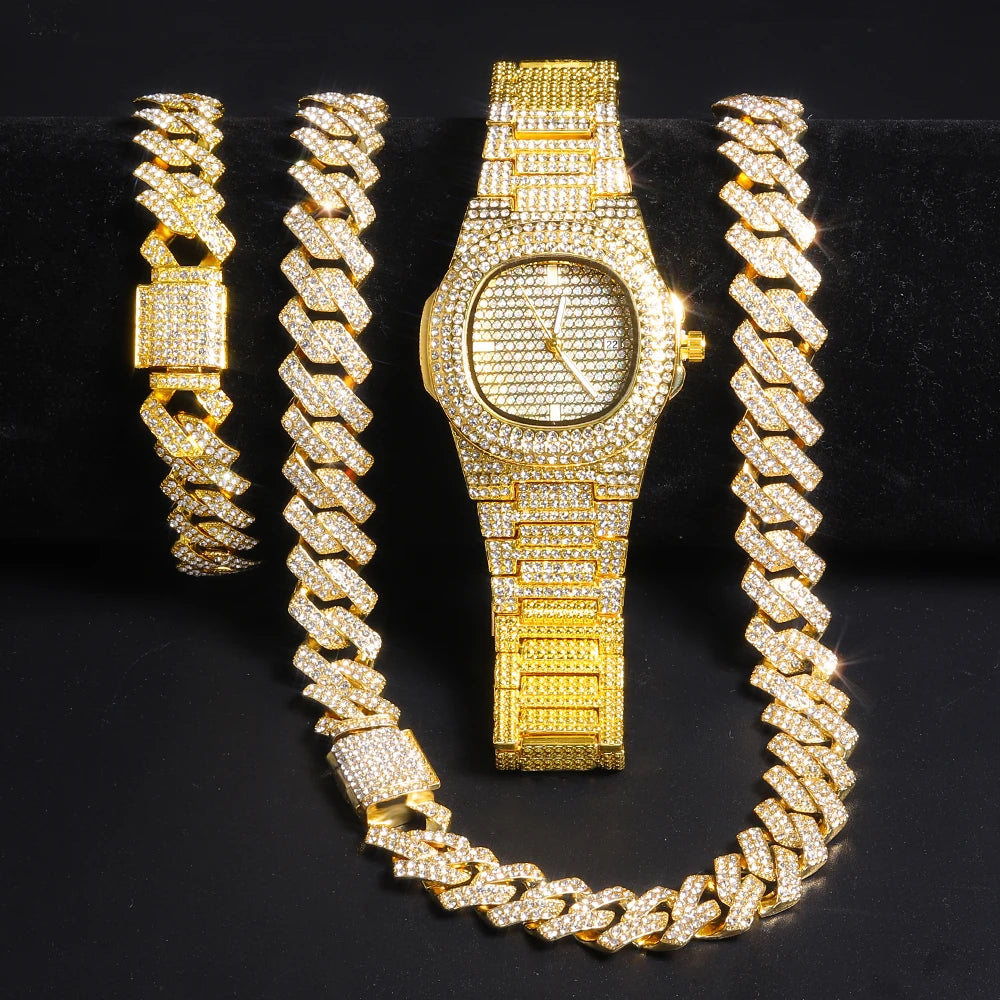 Gold Color Cuban Chain Watch for Men,Hip Hop Miami Curb,Iced Out Paved Rhinestones,Bling Rapper Necklace