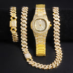 Gold Color Cuban Chain Watch for Men,Hip Hop Miami Curb,Iced Out Paved Rhinestones,Bling Rapper Necklace