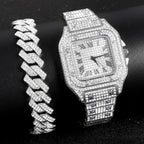 Gold Color Cuban Chain Watch for Men,Hip Hop Miami Curb,Iced Out Paved Rhinestones,Bling Rapper Necklace