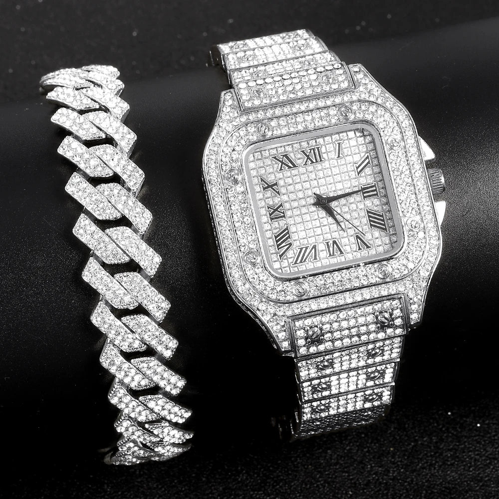 Gold Color Cuban Chain Watch for Men,Hip Hop Miami Curb,Iced Out Paved Rhinestones,Bling Rapper Necklace