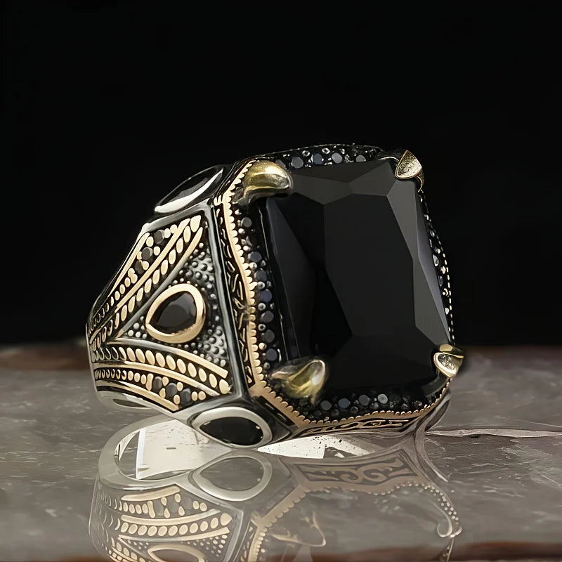 Turkish Eagle Signet Ring, Black Zircon — Zinc Alloy