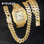 Gold Color Cuban Chain Watch for Men,Hip Hop Miami Curb,Iced Out Paved Rhinestones,Bling Rapper Necklace