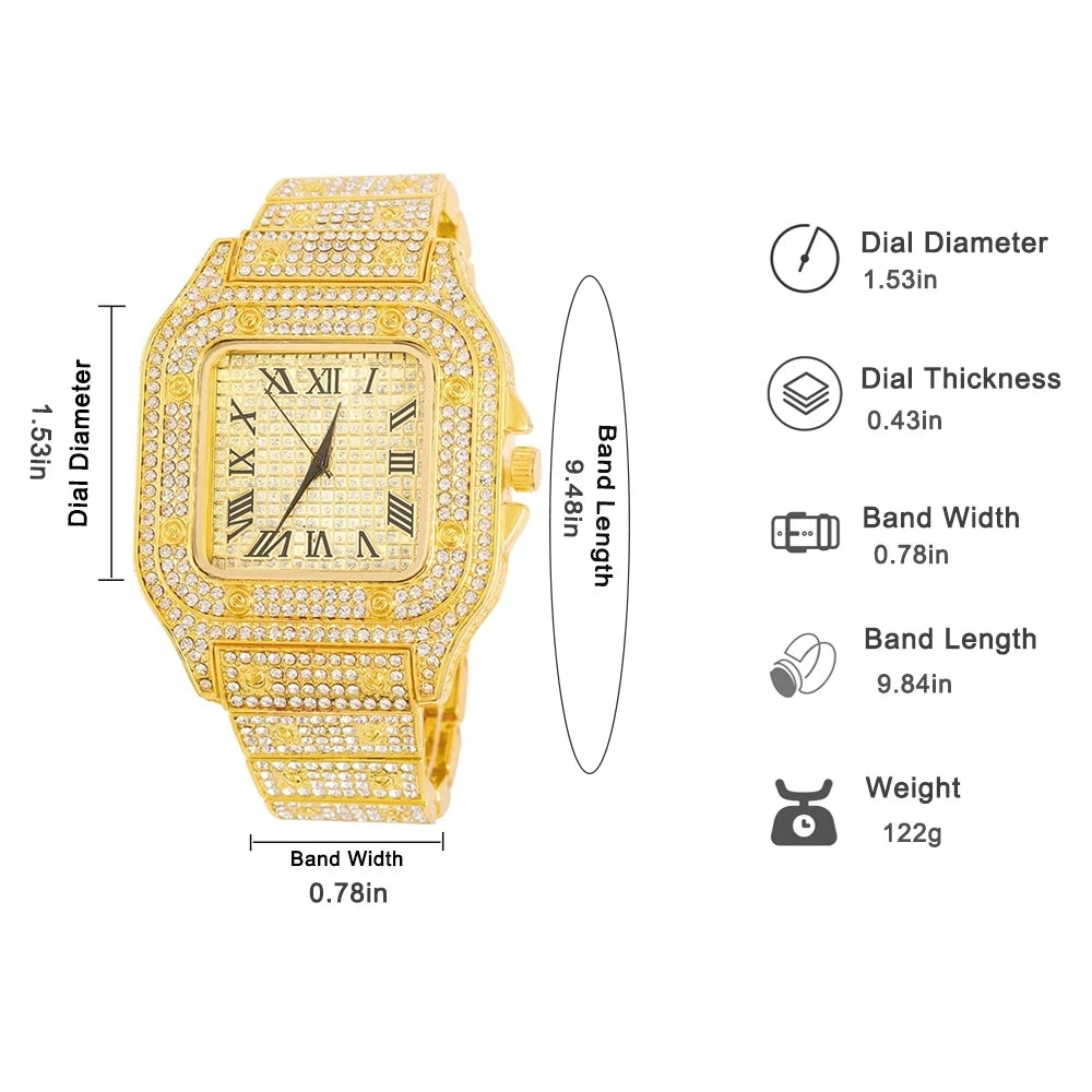 Gold Color Cuban Chain Watch for Men,Hip Hop Miami Curb,Iced Out Paved Rhinestones,Bling Rapper Necklace
