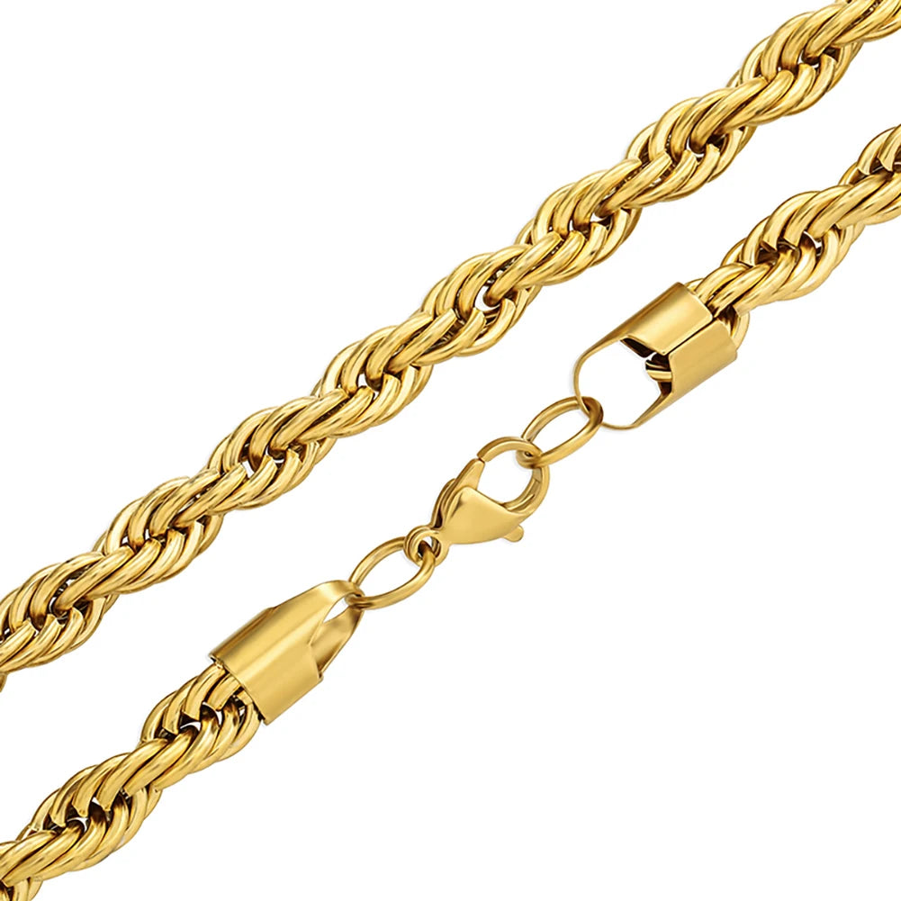TOPGRILLZ 8MM Stainless Steel Rope Chain Necklace 18"20"24"  Gold Color Necklace Hip Hop Fashion Jewelry For Men Party