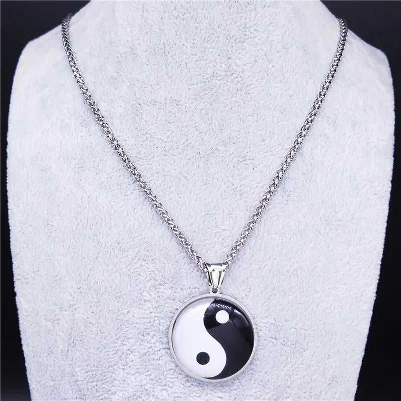 Yin Yang Glass Pendant — Silver Stainless