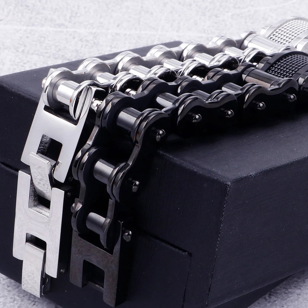 Rock And Roll CZ & 316L Stainless Steel Cast Metal Bicycle Chain Men's Bracelets For Man Boys Biker Jewellery