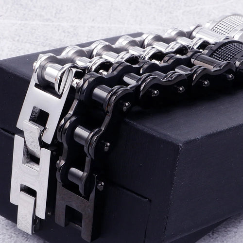 Rock And Roll CZ & 316L Stainless Steel Cast Metal Bicycle Chain Men's Bracelets For Man Boys Biker Jewellery