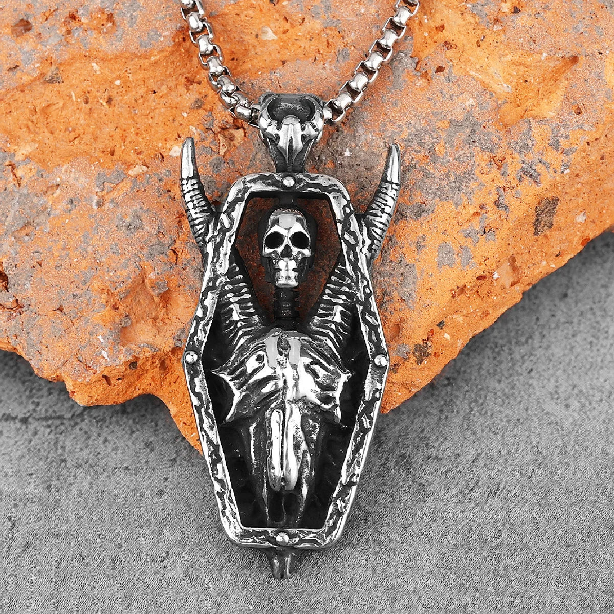 Long Horn Demon Skull Pendant Necklace — Stainless