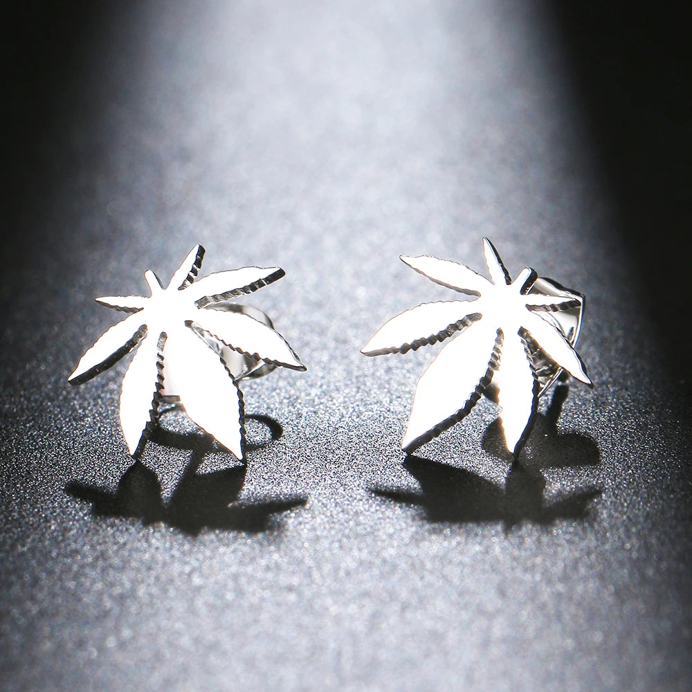 Maple Leaf Amulet Stud Earrings Silver Gold — Stainless Steel