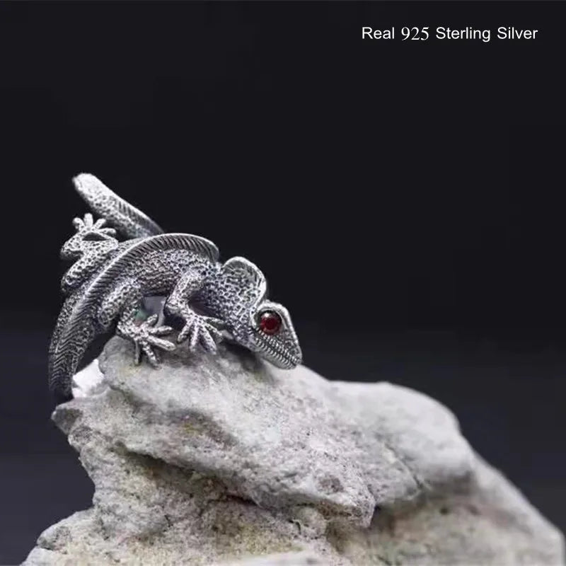 Buyee 925 Sterling Silver Male Unique Ring Finger Gray Lizard Animal Open Ring for Men Fashion Punk Big Fine Jewelry Circle