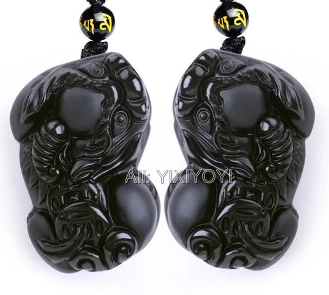 Beautiful Chinese Handwork Natural Black Obsidian Carved PiXiu Lucky Amulet Pendant + free Beads Necklace Fashion