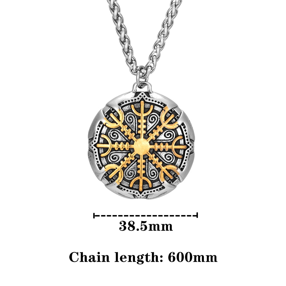 Never Fade Norse Compass Gold Color Necklace Men Vikings Runes Stainless Steel Trident Vegvisir Amulet Pendant