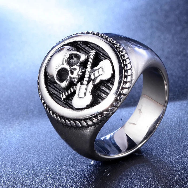 Cool Guitar Skull Ring Gold/Silver Color Stainless Steel Biker Skull Ring Men Punk Rock Signet Ring Jewelry Party Best Gift
