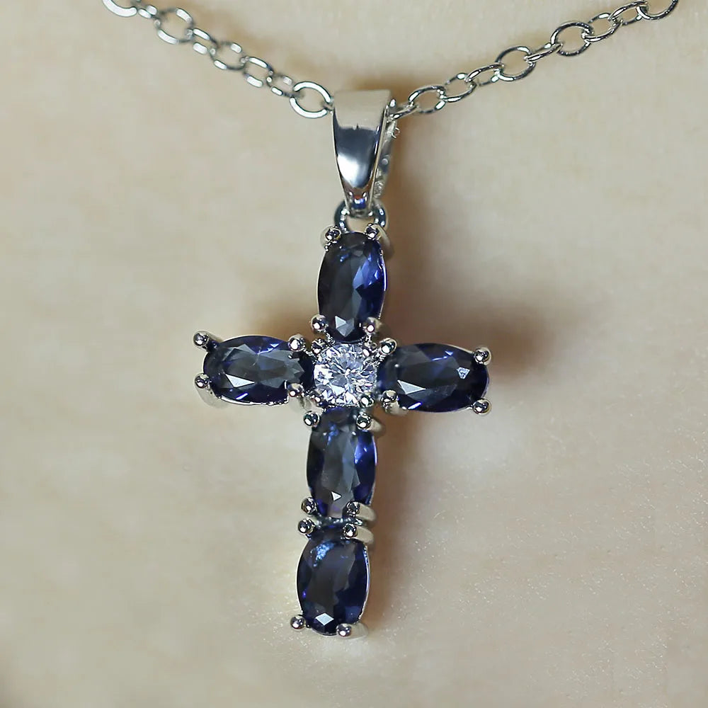Huitan Cross Shaped Pendant Necklace Birthday Gift High Quality Ladies Jewelry Prong Setting Blue CZ Fashion Accessary