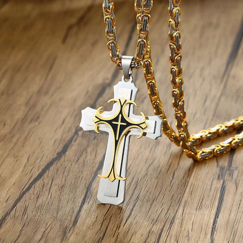 Vnox Cross Necklace For Men Byzantine Gold Color Stainless Steel Chain Catholic Crucifix Pendant Male Punk Rock