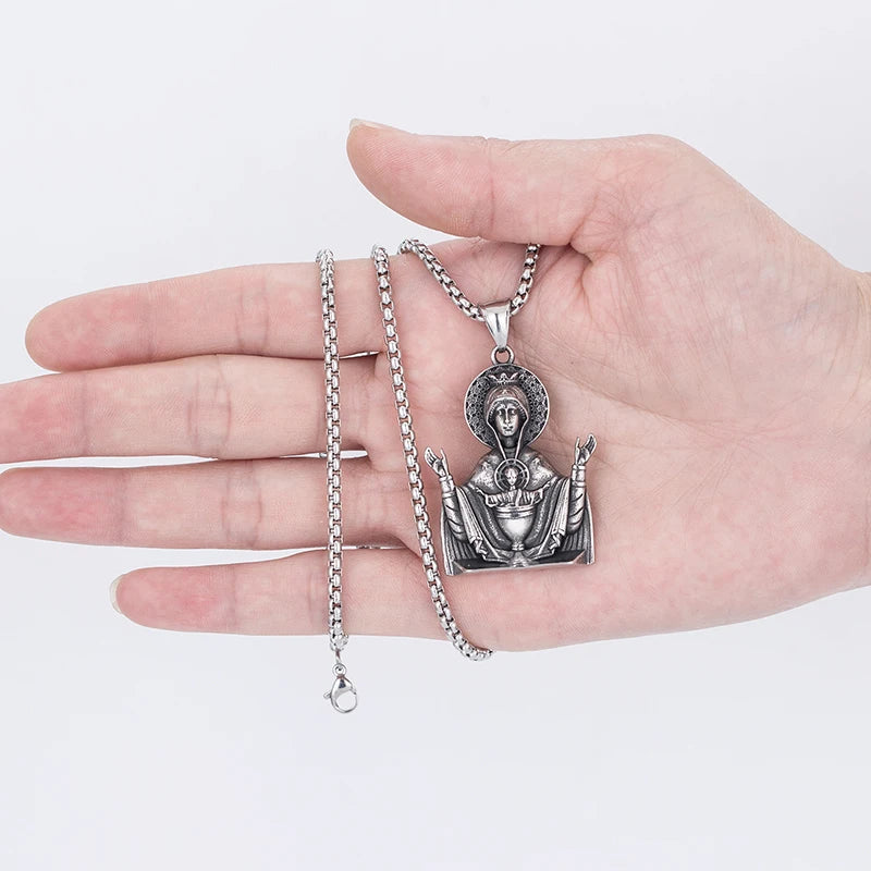 Fine Handmade 316L Stainless Steel Christian Virgin Mary Pendant Necklace for Men and Women